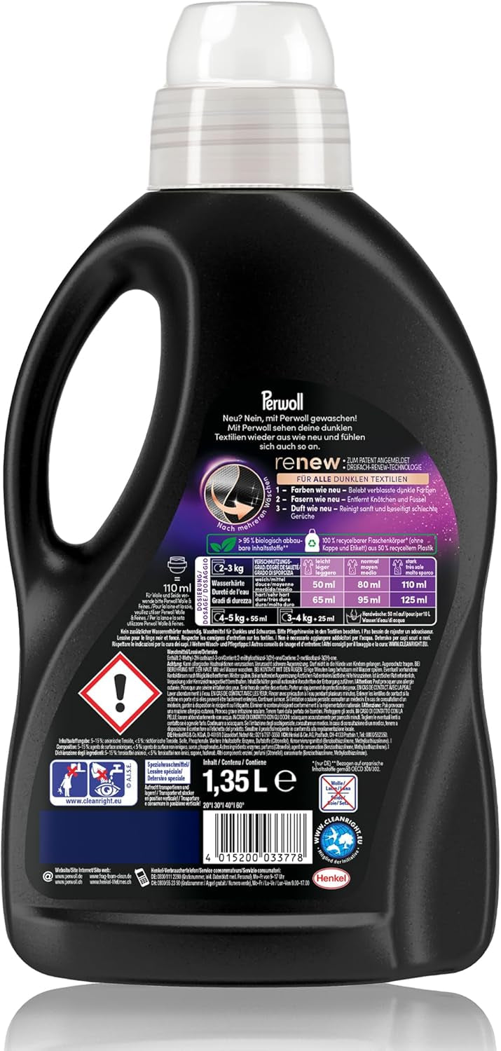 Load image into Gallery viewer, Perwoll Black Detergent (1 x 27 Wash Loads) Mild Detergent | Gently Cleans and Renews Dark Colors and Fibers | For All Dark Textiles | With Triple-Renew Technology