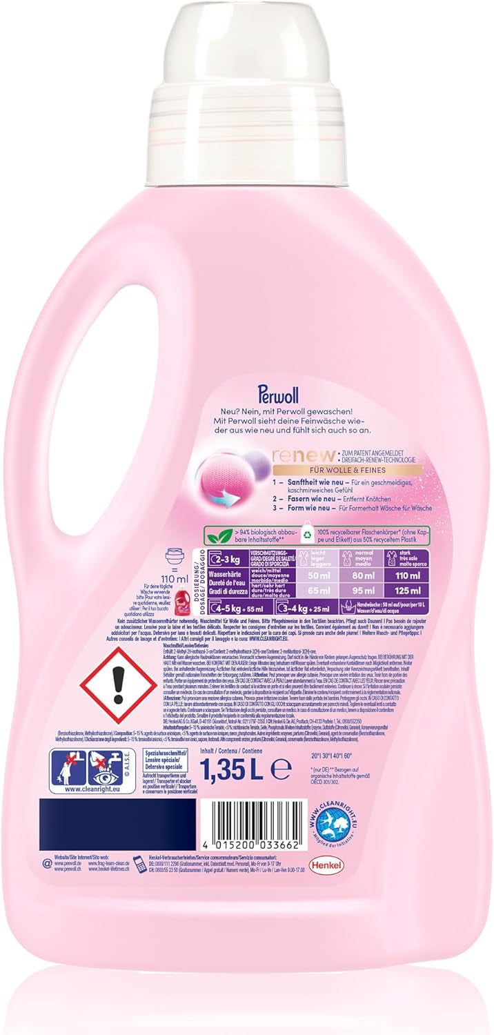 Load image into Gallery viewer, Perwoll Wool & Delicates Detergent (1 x 27 Wash Loads) | Detergent for Fine Fabrics | Gently Cleans, Smoothes and Renews Fibers & Prevents Pilling, with Triple-Renew Technology