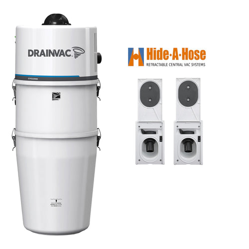 DrainVac DV1R12-CT Central Vacuum with Complete Hide-A-Hose Installation Package (2 Valves)