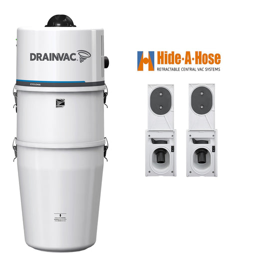 DrainVac DV1R12-CT Central Vacuum with Complete Hide-A-Hose Installation Package (2 Valves)