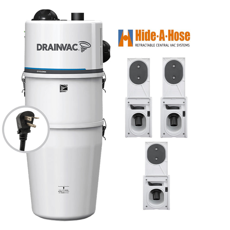 Load image into Gallery viewer, DrainVac DV1R15-CT Central Vacuum with HIde-A-Hose Complete Installation Kit (3 Valve)