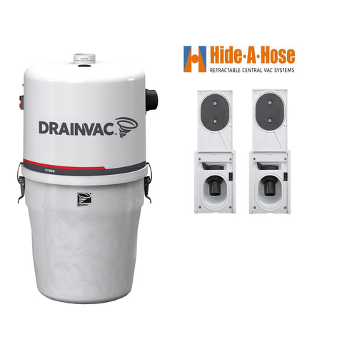 DrainVac S1008 Central Vacuum with Hide-A-Hose Installation Kit (2 Valves)