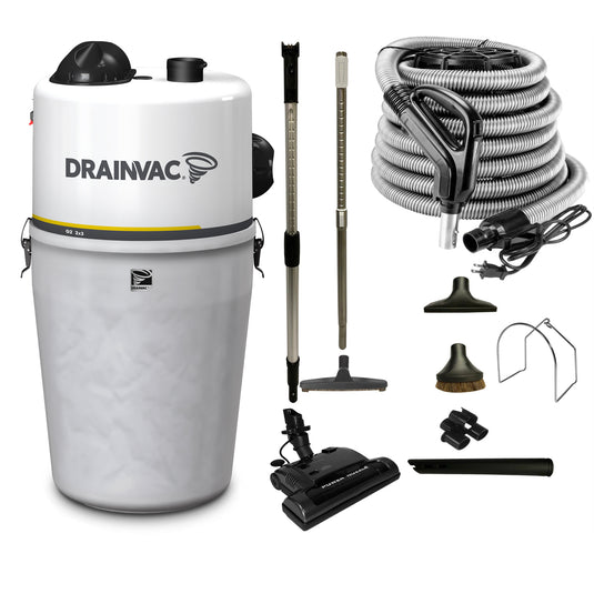This two-motor central vacuum produces great suction power (2 x 302 AW). Soundproof and large capacity (9 gallons / 41 liters) container. Semi-transparent canister indicates when the bag is full. Designed for cleaning surfaces up to 8,500 square feet.