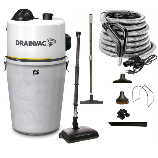 This two-motor central vacuum offers exceptional suction power (2 x 520 airwatts). It is soundproof and has a large container (9 gallons / 41 liters), with a semi-transparent canister that indicates when the bag is full. It is designed to clean surfaces up to 8,500 square feet.