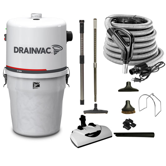 The 800 AW Central Vacuum is a powerful and compact vacuum that can be installed even in tight spaces. It has a muffler to reduce noise and a semi-transparent container that indicates when the bag is full.