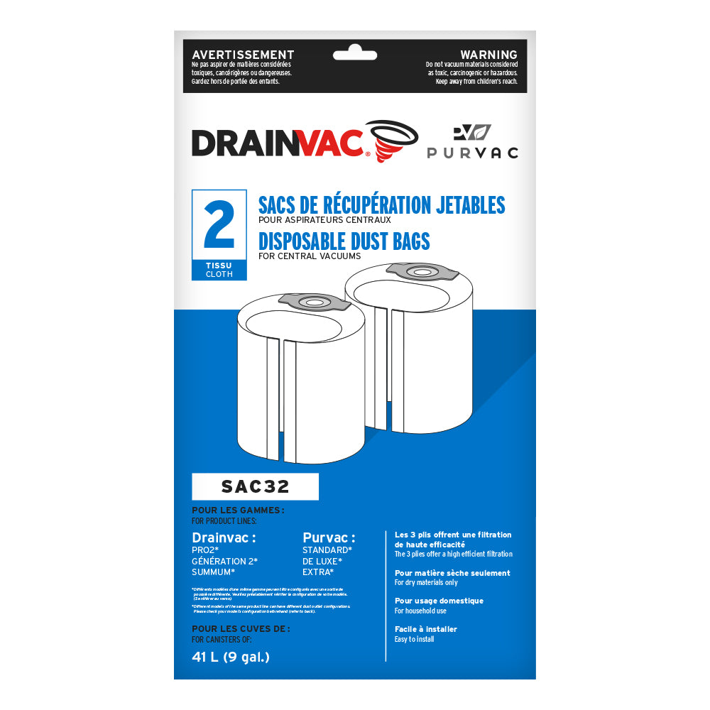 DrainVac SAC32 Central Vacuum Disposable Cloth Dust Bags The Vacuum Store