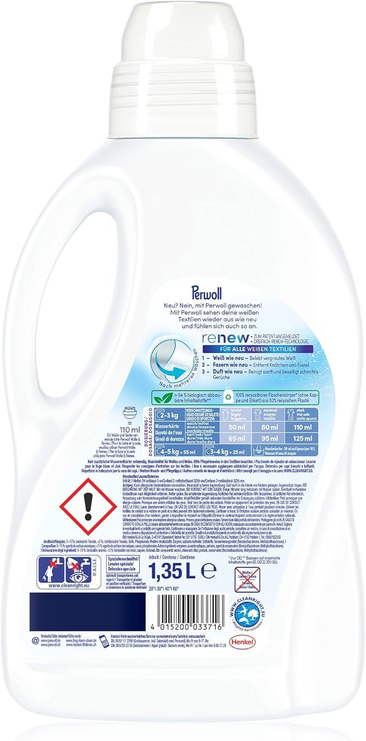 Load image into Gallery viewer, Perwoll White Detergent (1 x 27 Wash Loads) Mild Detergent | Gently Cleans and Renews Whites and Fibers | For All White Textiles - With Triple-Renew Technology
