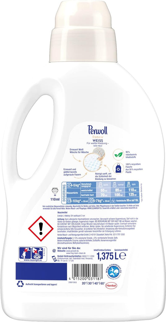 Perwoll Renew White - Lessive liquide pour linge blanc, lessive fine renforce les fibres et améliore l'intensité des couleurs (1 x 25 lavages)