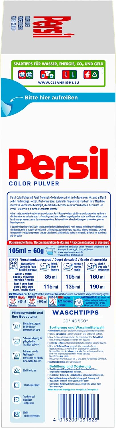 Détergent à lessive en poudre Persil Color | Deep Clean - Détergent Pour La Couleur - Pour Un Linge Propre Et Fraîcheur Pour La Machine - (75 Charges | 4,5 Kg))