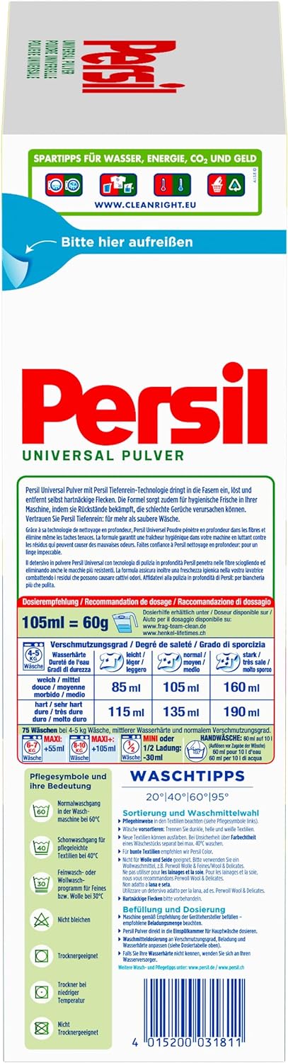 Persil Détergent à lessive universel en poudre | Deep Clean - Solution tout-en-un pour un linge propre et une fraîcheur pour la machine (75 charges | 4,5 kg)