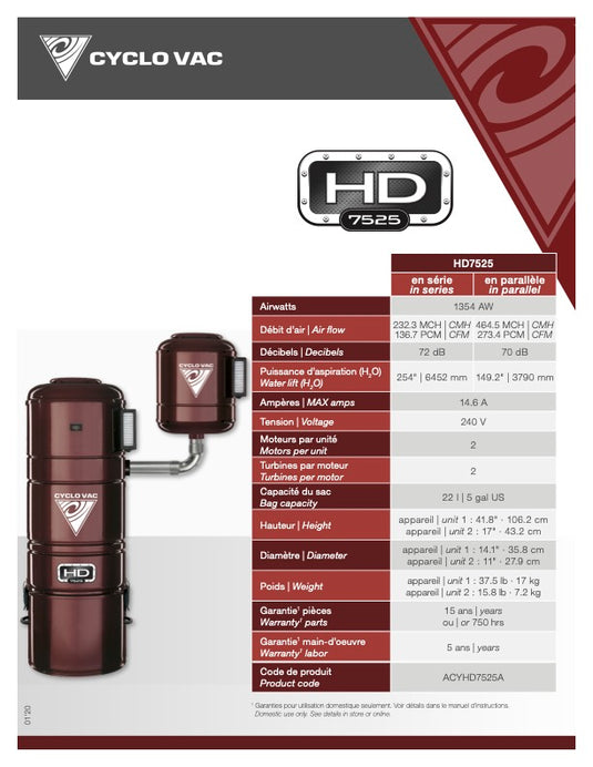 Aspirateur central Cyclovac HD 7525 | Système à double moteur | Filtration hybride