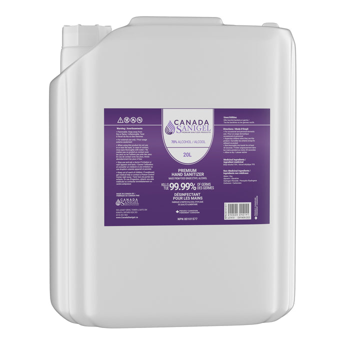 Gel désinfectant pour les mains Canada Sanigel Premium | Bouteille de 20 litres, 70 % d'alcool | De l'alcool éthylique de qualité alimentaire