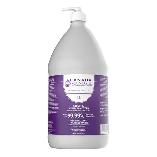 Gel désinfectant pour les mains Canada Sanigel Premium | Bouteille de 4 litres avec pompe
