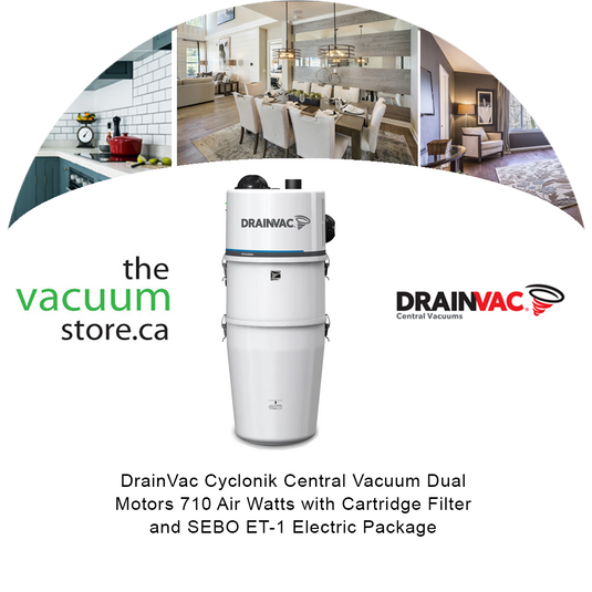 DrainVac DV1R15-CT Cyclonik Central Vacuum | Dual Motors 710 Air Watts with Cartridge Filter and SEBO ET-1 Electric Package