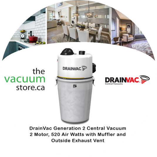 DrainVac G2-2x5 Central Vacuum | 2 Motor, 520 Air Watts with Muffler and Outside Exhaust Vent