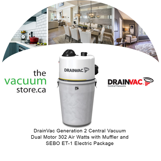 DrainVac G2-2x3 Generation 2 Central Vacuum | Dual Motor 302 Air Watts with Muffler and SEBO ET-1 Electric Package