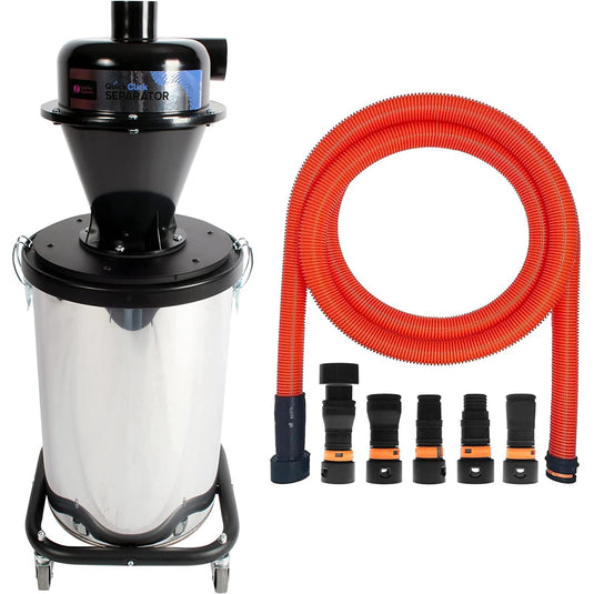 Tuyau de collecte de poussière VPC Quick Click avec bac de récupération en acier inoxydable de 10 gallons | Séparateur cyclonique humide/sec pour aspirateurs domestiques et d'ateliers